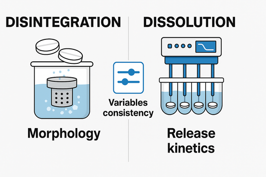 Flat infographic contrasting disintegration vs. dissolution with complementary roles and shared variables