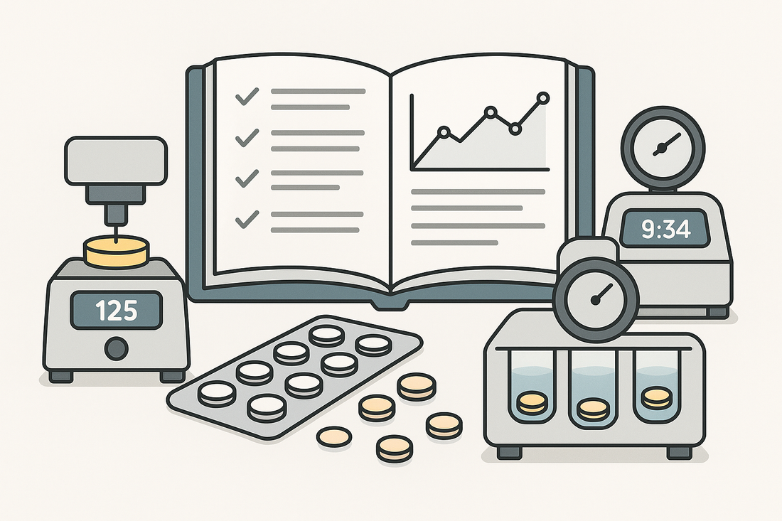 A flat-style illustration of a pharmaceutical QC lab, showing an open logbook with charts in the center, surrounded by tablet testing instruments for hardness, friability, and disintegration, with tablets scattered in the foreground.