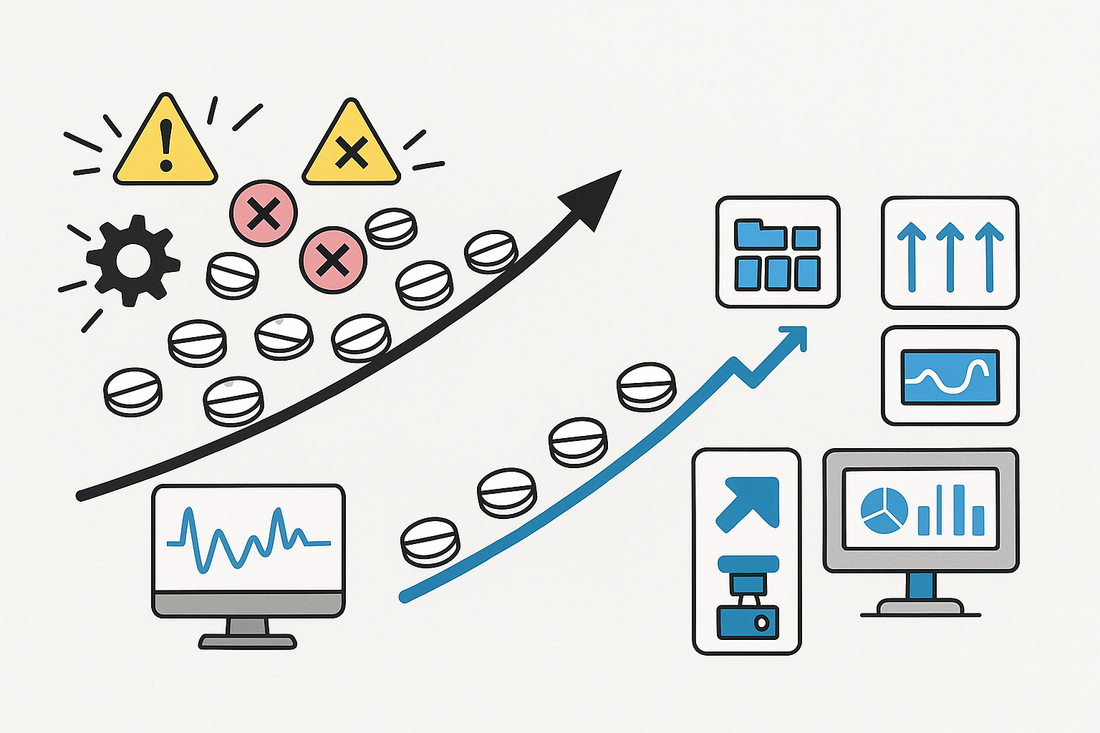 Engineers ramping a laser-drilling line using a parameter library, speed-up plan, rejection timing, and a live KPI dashboard