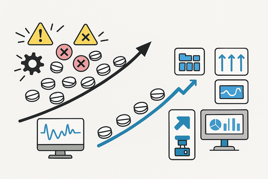 Engineers ramping a laser-drilling line using a parameter library, speed-up plan, rejection timing, and a live KPI dashboard