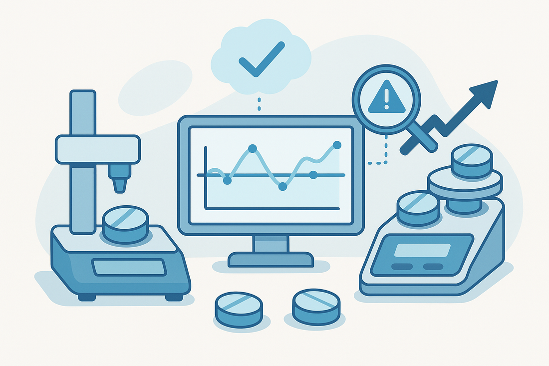 Flat-style illustration of a tablet hardness testing setup with lab instruments and a monitor showing trend charts, representing tablet hardness as a process control signal