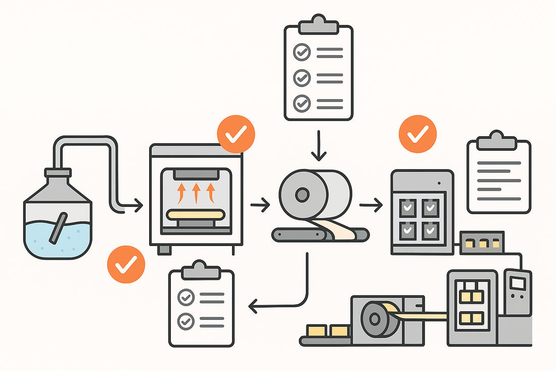 Flat illustration of a complete ODF production line from solution preparation to coating, drying, slitting and packaging, with checklists indicating validation steps.