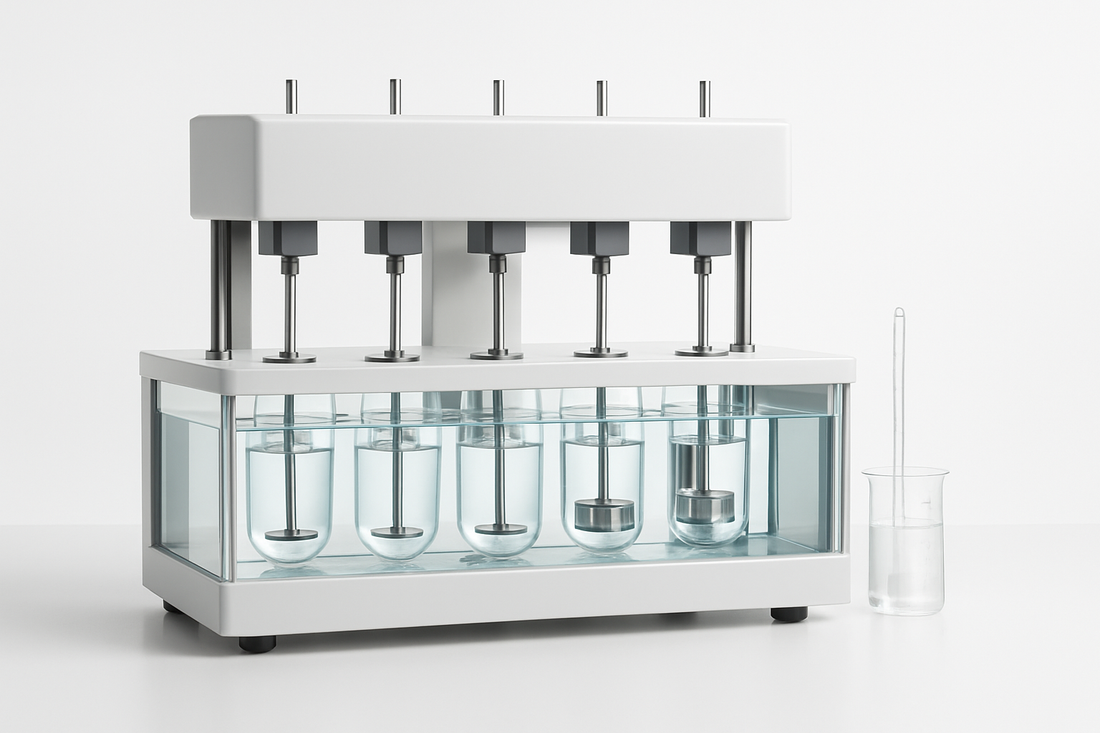HUANGHAI dissolution tester with paddlebasket apparatus and degassed medium, set up for QC method transfer