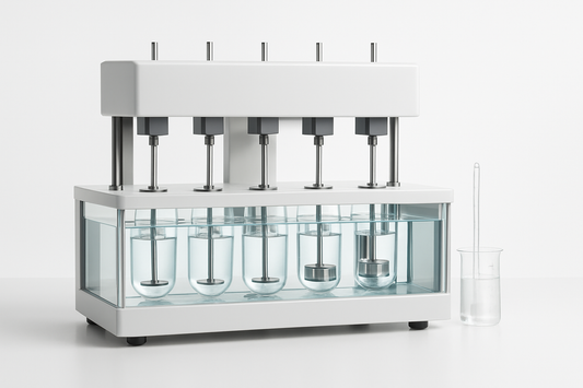 HUANGHAI dissolution tester with paddlebasket apparatus and degassed medium, set up for QC method transfer