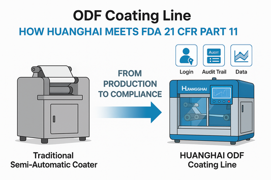 Infographic showing an ODF coating line with data recording, audit trail, and user login icons symbolizing FDA 21 CFR Part 11 compliance
