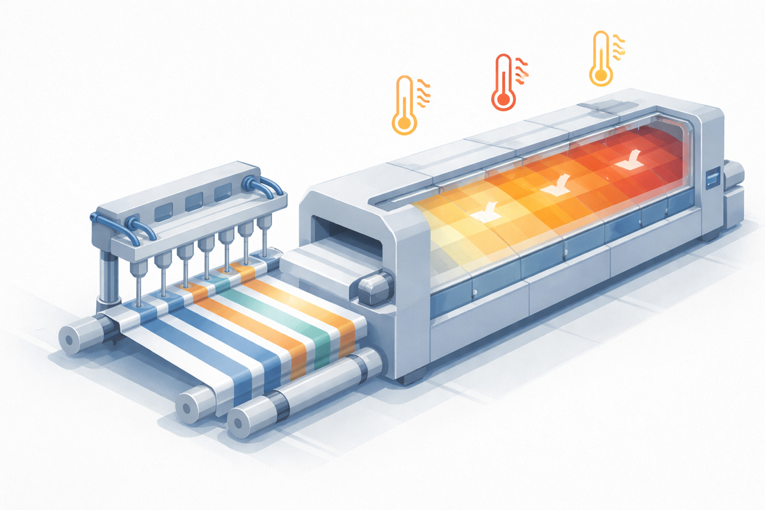Isometric illustration of a high-tech ODF drying line with a moving film web passing through multiple hot-air zones, monitored by an engineer on a control panel to represent gradient hot-air drying.