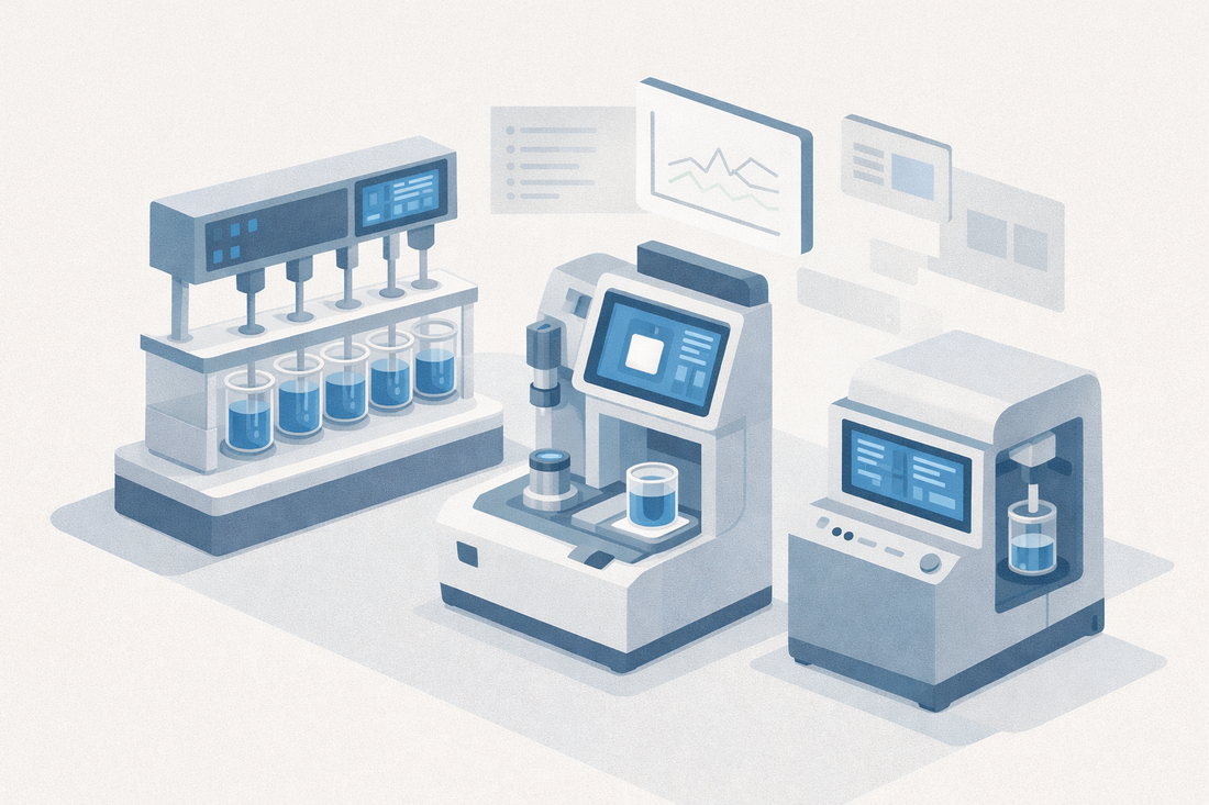Isometric illustration of a modern pharmaceutical QC lab showing a dissolution tester, a multi-purpose tablet tester and a vacuum degasser with digital data screens