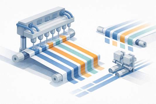 Isometric illustration of a multi-channel coating head applying colored strips onto a moving film web to form multi-formula ODF lanes, with minimal downstream slitting.