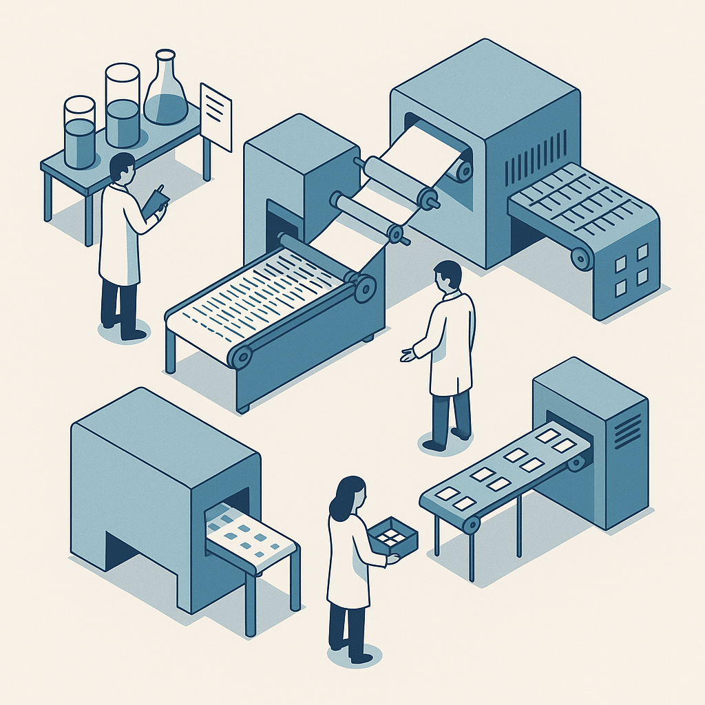 Isometric illustration of co-developed ODF manufacturing, with scientists working around coating, drying and packaging machines on an integrated film production line.