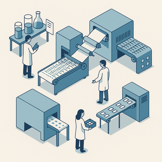 Isometric illustration of co-developed ODF manufacturing, with scientists working around coating, drying and packaging machines on an integrated film production line.