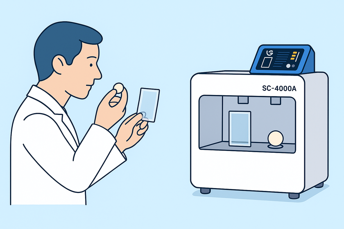 SC-4000A transparency tester analyzing film and capsule samples in a pharmaceutical QC lab