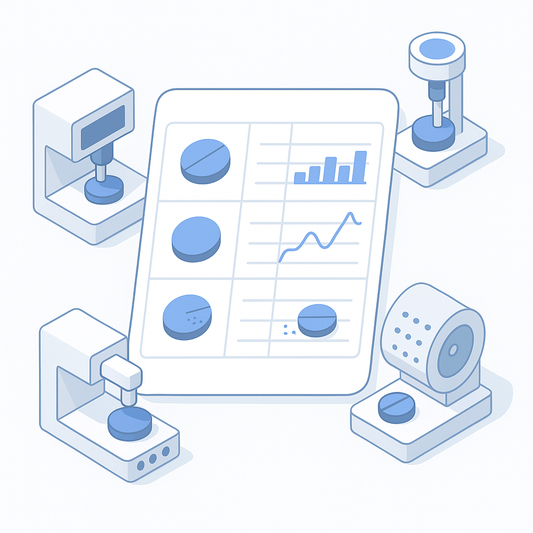 Unified tablet physical testing logbook dashboard showing weight, hardness, friability and disintegration results