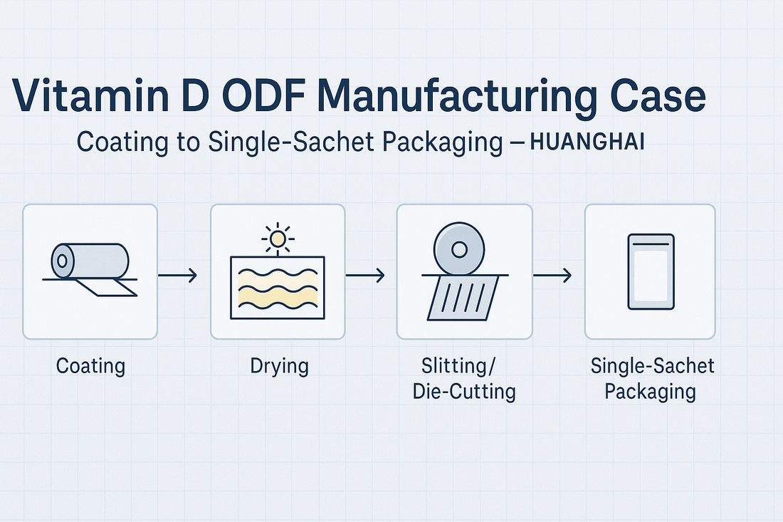 Vitamin D ODF manufacturing flow — coating, drying, slittingdie-cutting, and single-sachet packaging