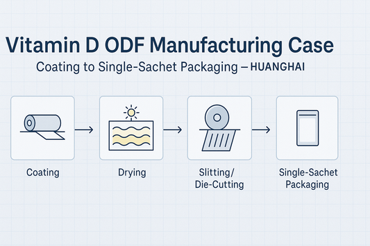 Vitamin D ODF manufacturing flow — coating, drying, slittingdie-cutting, and single-sachet packaging