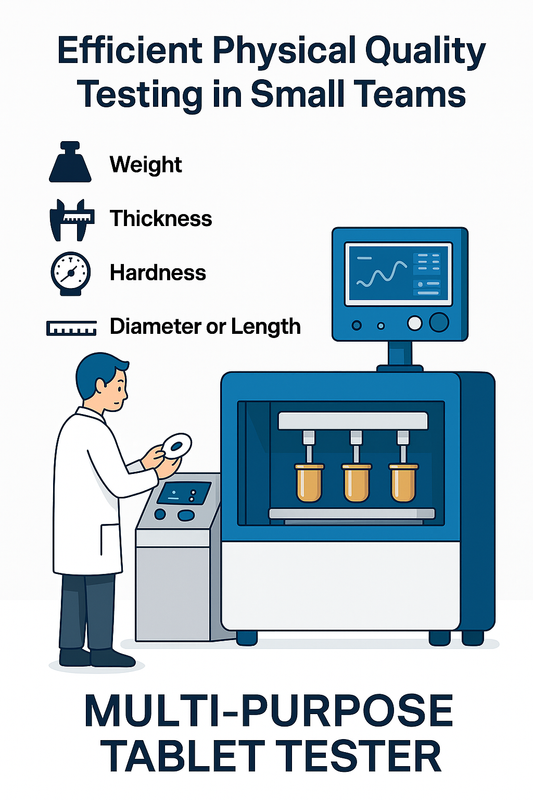 Flat-style illustration of a compact tablet testing station combining multiple physical tests into one workflow.