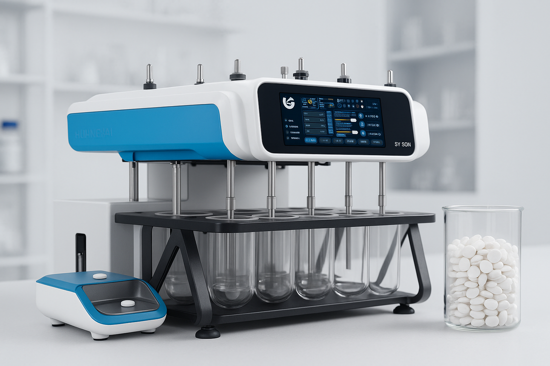 SY-6DN multifunction tablet tester performing weight and hardness measurements in a pharma QC lab