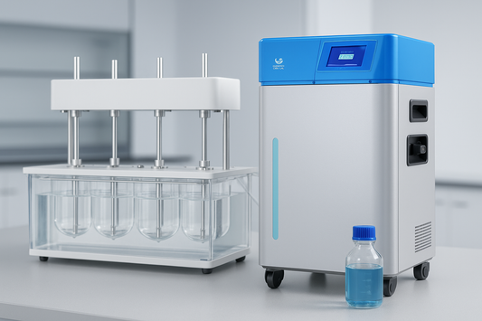 Vacuum degasser preparing dissolution medium next to a dissolution tester
